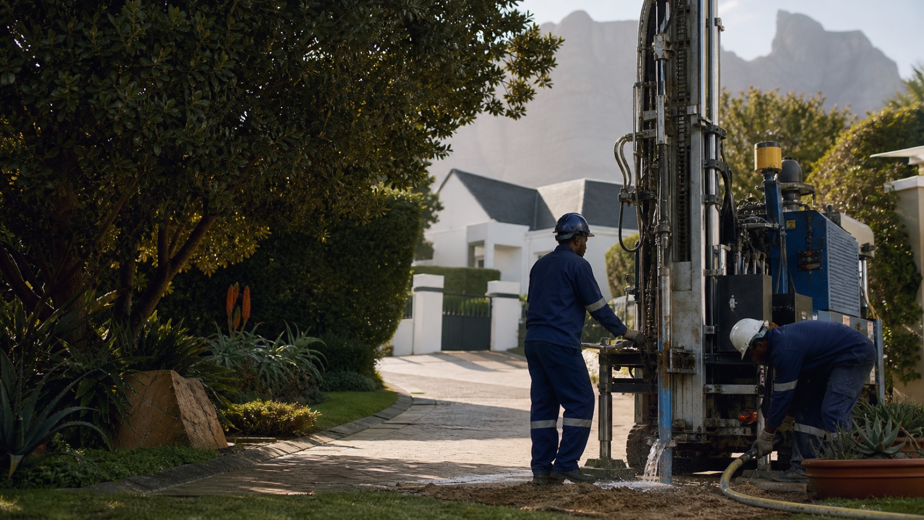 A professional crew drilling a borehole at a Cape Town home